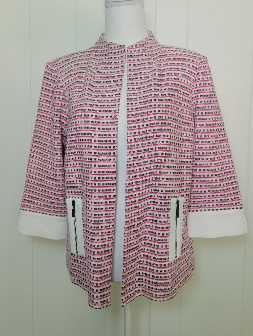 Ming Wang Jacket Pink White Open Front Blazer Zip Pocket Career Knit Classic PM